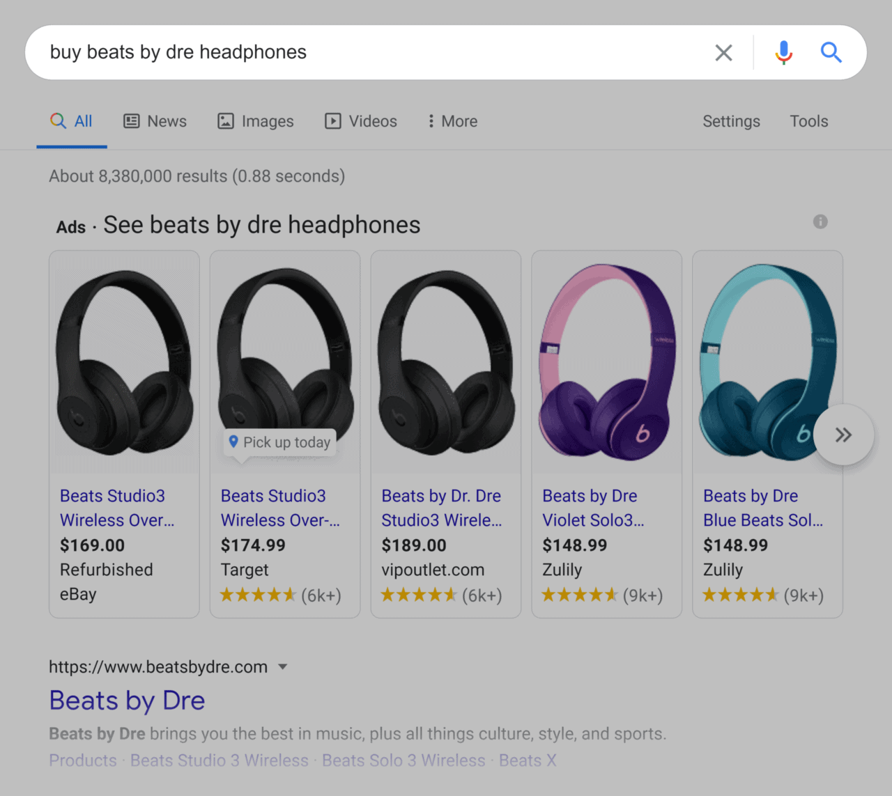 Google SERP – Buy beats by dre headphones