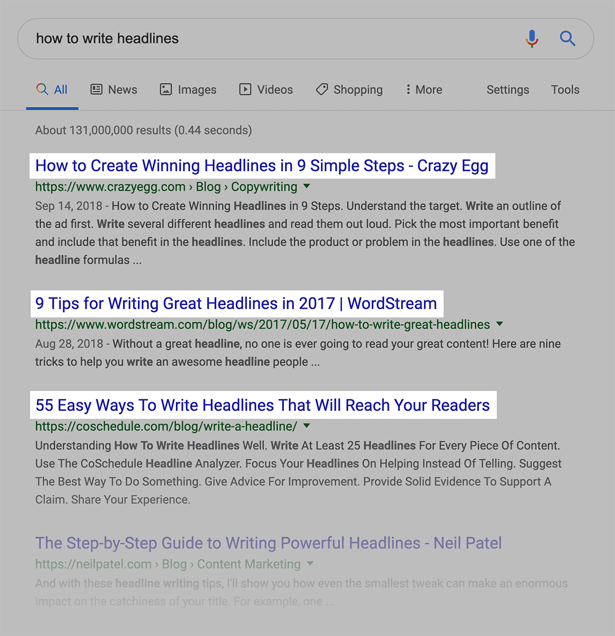 "How to write headlines" top three results have subdued title tags
