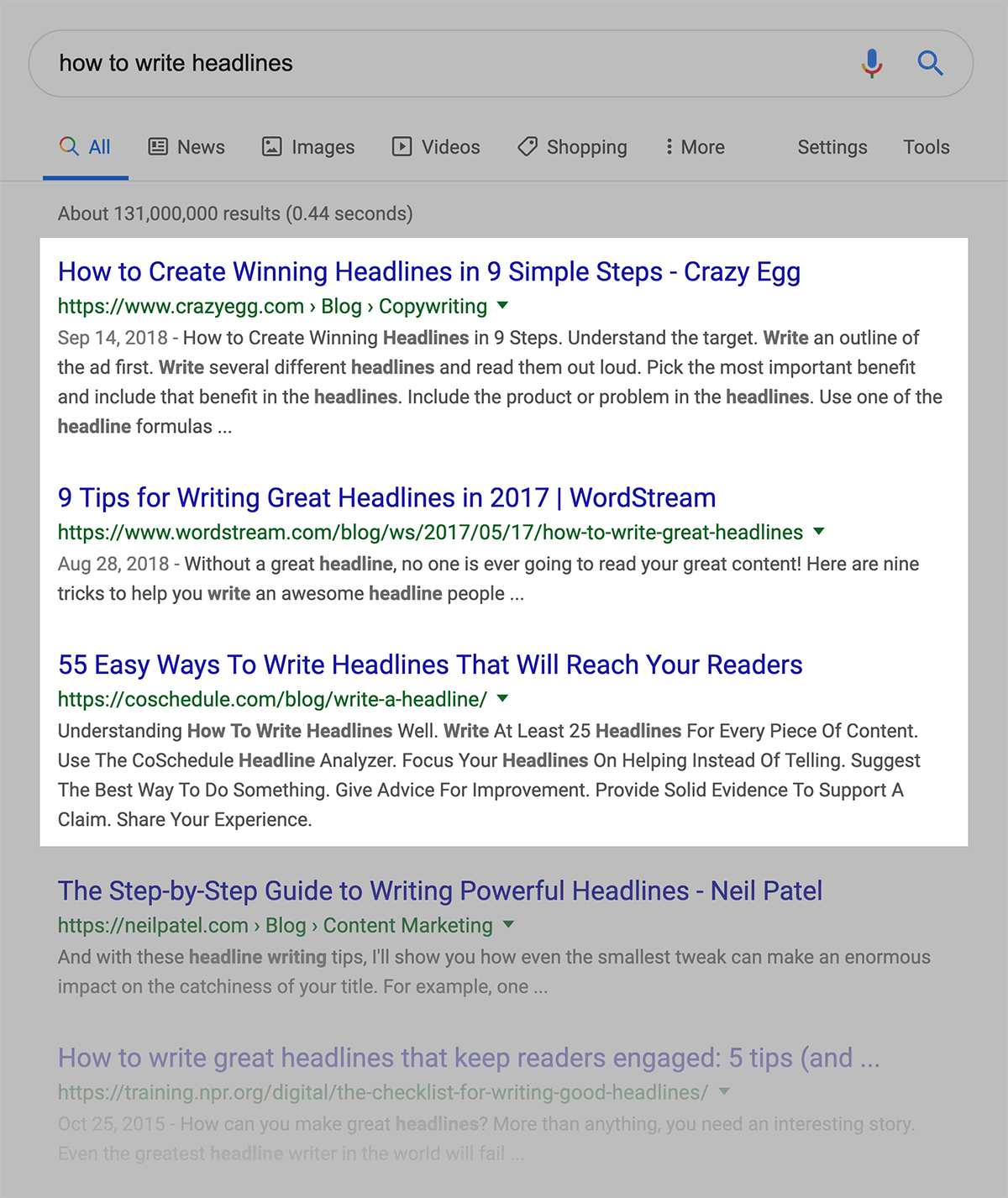 "How to write headlines" top three results