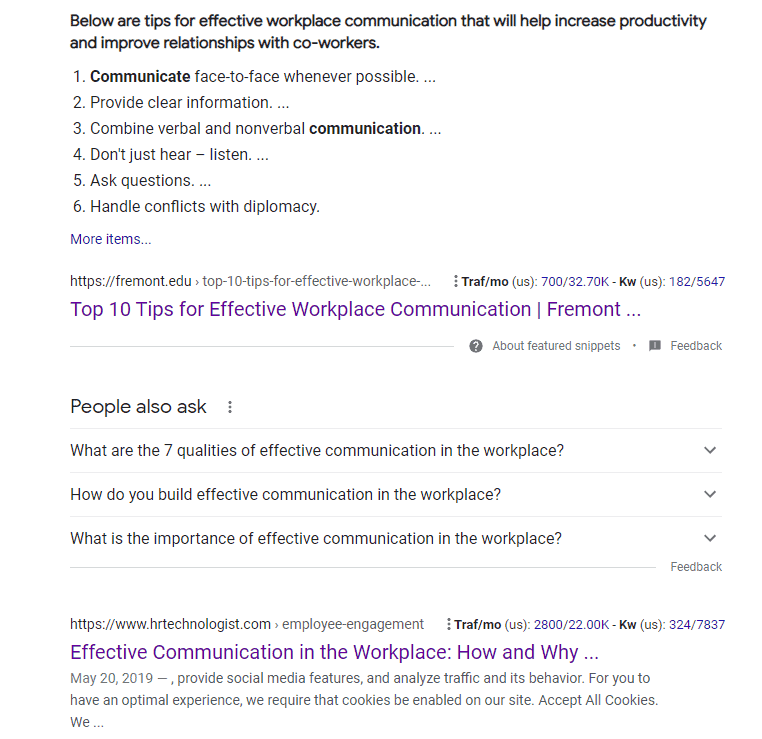 A screenshot of a SERP for 