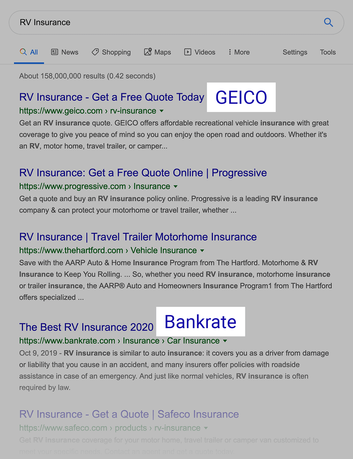 RV Insurance" SERPs