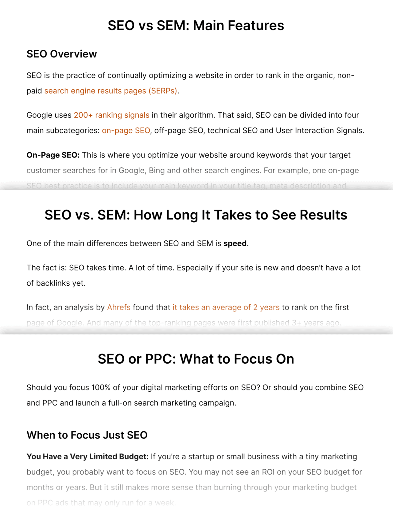 SEO vs. SEM – Sections
