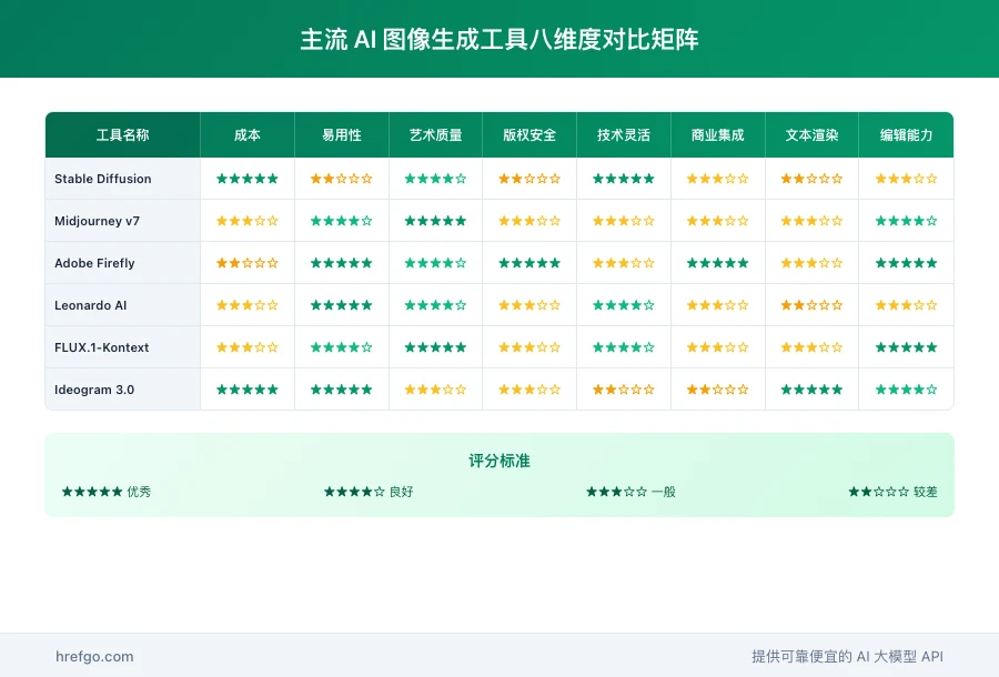 AI图像生成工具功能对比表，包含Stable Diffusion、Midjourney、Adobe Firefly、Leonardo AI等工具的全面评分比较