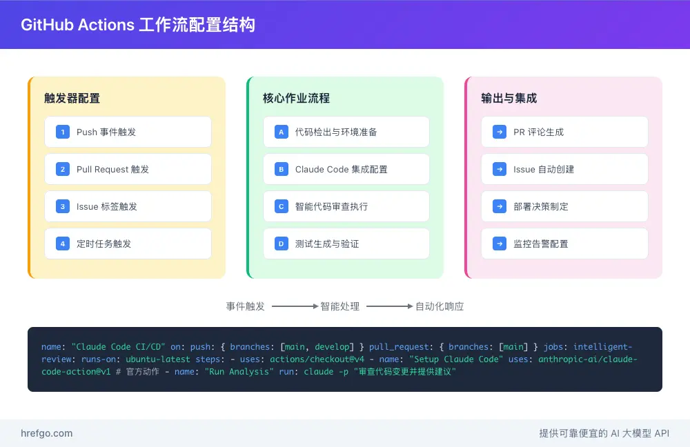 GitHub Actions工作流配置结构图，显示触发器、作业流程和输出集成的完整配置架构